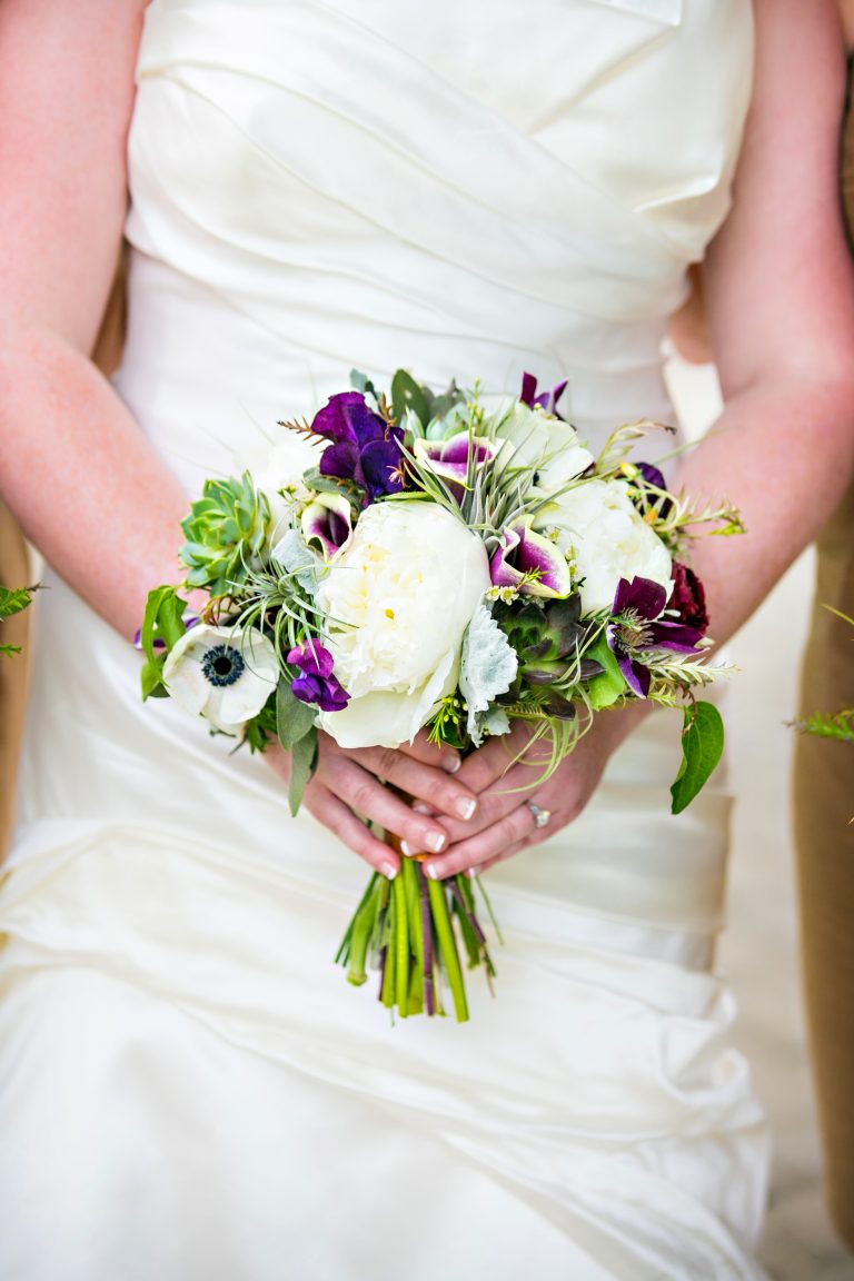 white, green and plum bridal bouquet